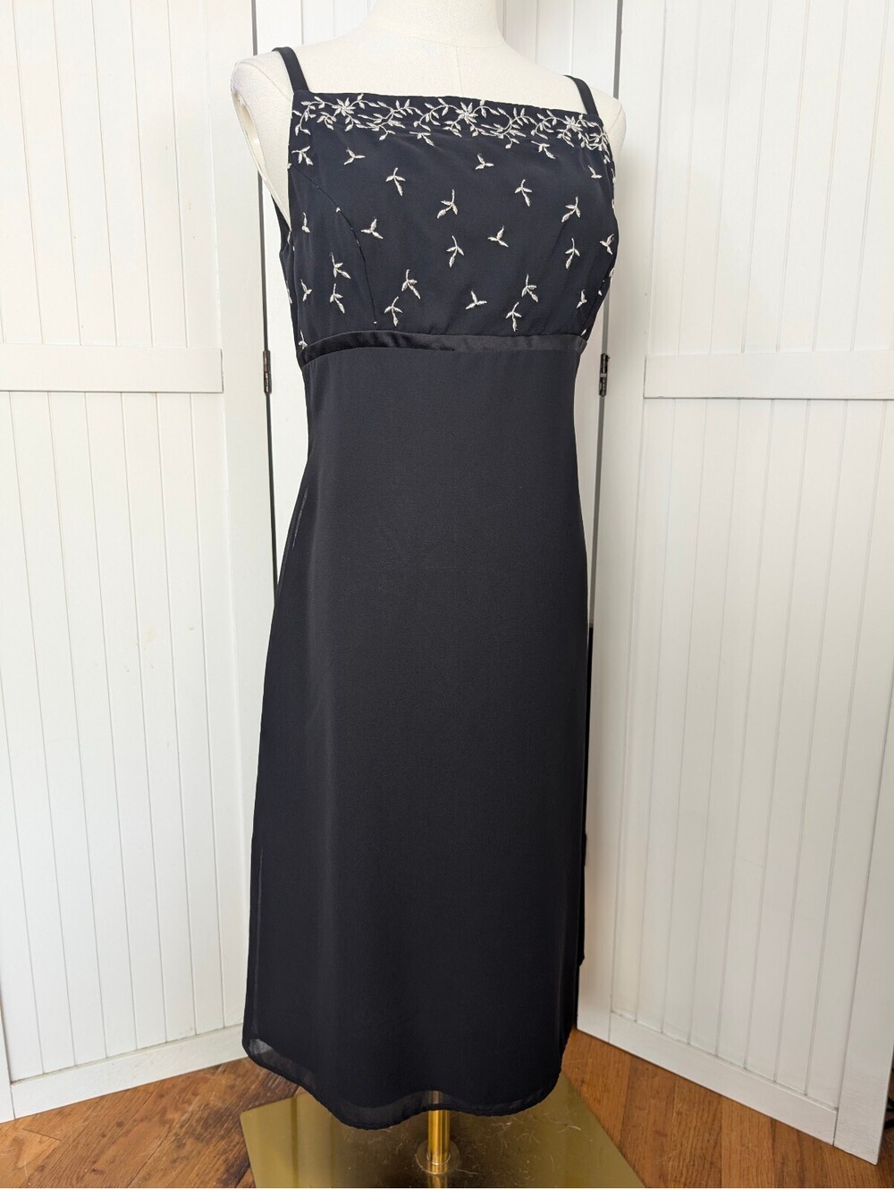 Bari Jay Black Embroidered Formal Dress Spaghetti Strap Midi Evening Size S M